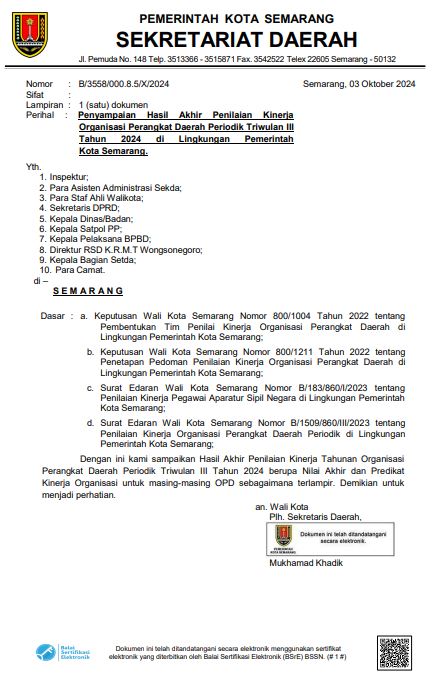 Pengumuman Nomor: B/3558/000.8.5/X/2024 tentang Penyampaian Hasil Akhir Penilaian Kinerja Organisasi Perangkat Daerah Periodik Triwulan III Tahun 2024 di Lingkungan Pemerintah Kota Semarang