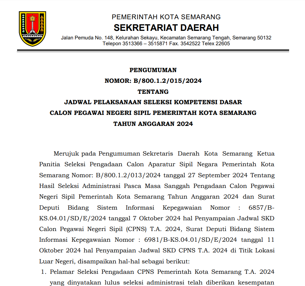 JADWAL PELAKSANAAN SELEKSI KOMPETENSI DASAR CALON PEGAWAI NEGERI SIPIL PEMERINTAH KOTA SEMARANG TAHUN ANGGARAN 2024