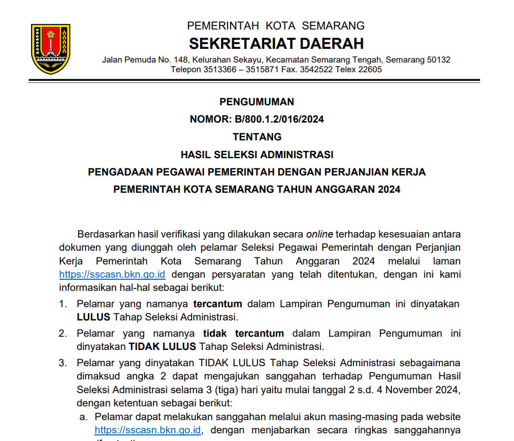 Pengumuman Hasil Seleksi Administrasi Pengadaan Pegawai Pemerintah dengan Perjanjian Kerja (PPPK) di Lingkungan Pemerintah Kota Semarang Tahun 2024