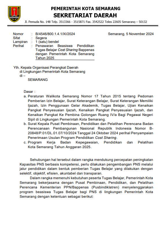 Beasiswa Pendidikan Tugas Belajar Cost Sharing Bappenas dengan Pemerintah Kota Semarang Tahun 2025