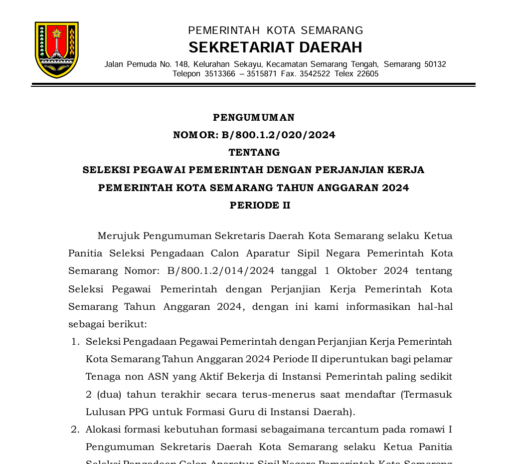 Pengumuman Seleksi Pegawai Pemerintah Dengan Perjanjian Kerja Pemerintah Kota Semarang Tahun Anggaran 2024 Periode II