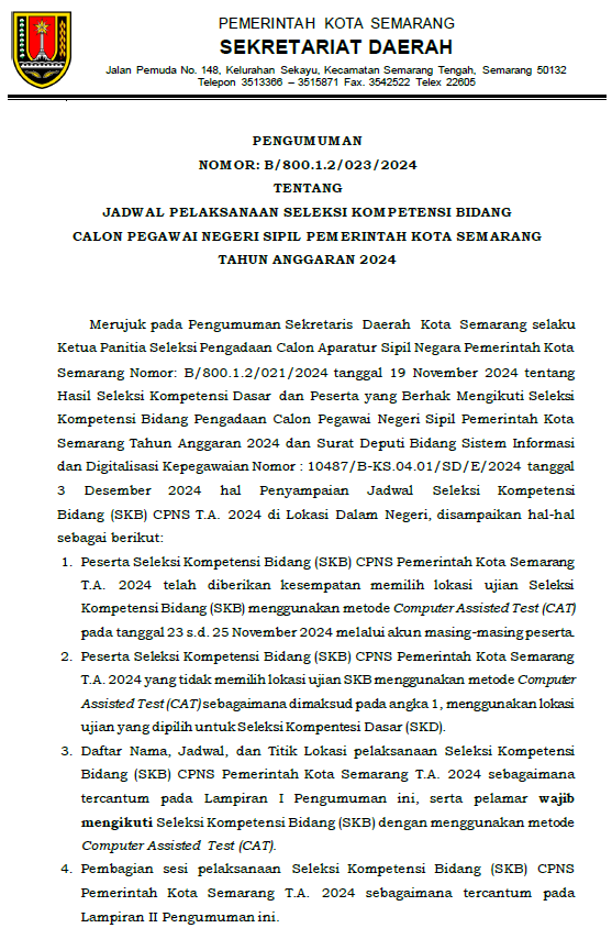 Jadwal Pelaksanaan Seleksi Kompetensi Bidang CPNS Pemkot Semarang Tahun Anggaran 2024