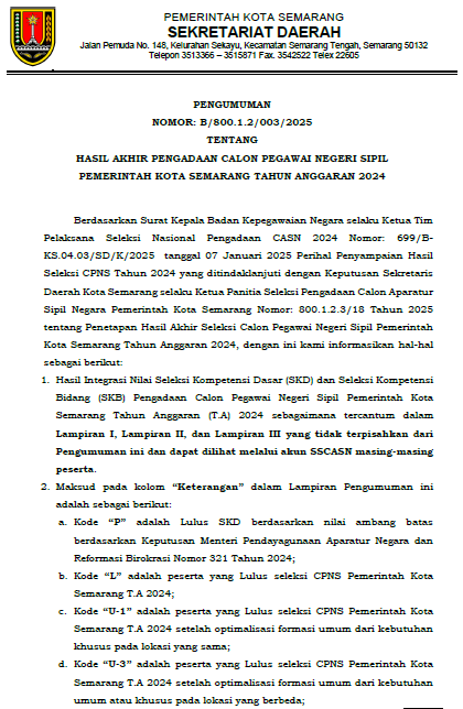 Pengumuman Hasil Akhir Pengadaan CPNS Pemkot Semarang 2024