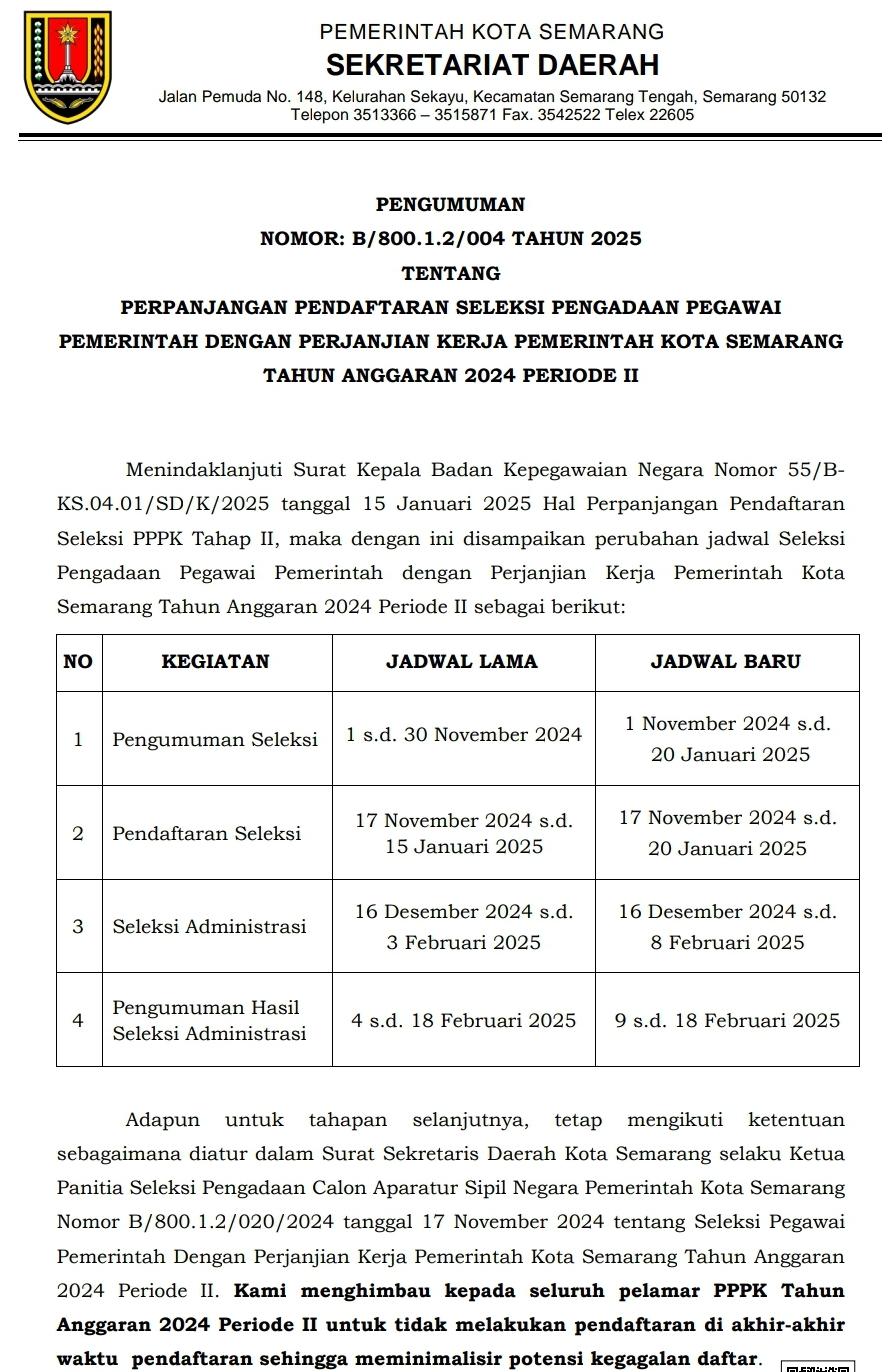 Pengumuman Perpanjangan Pendaftaran Seleksi PPPK Pemerintah Kota Semarang 2024 Periode II