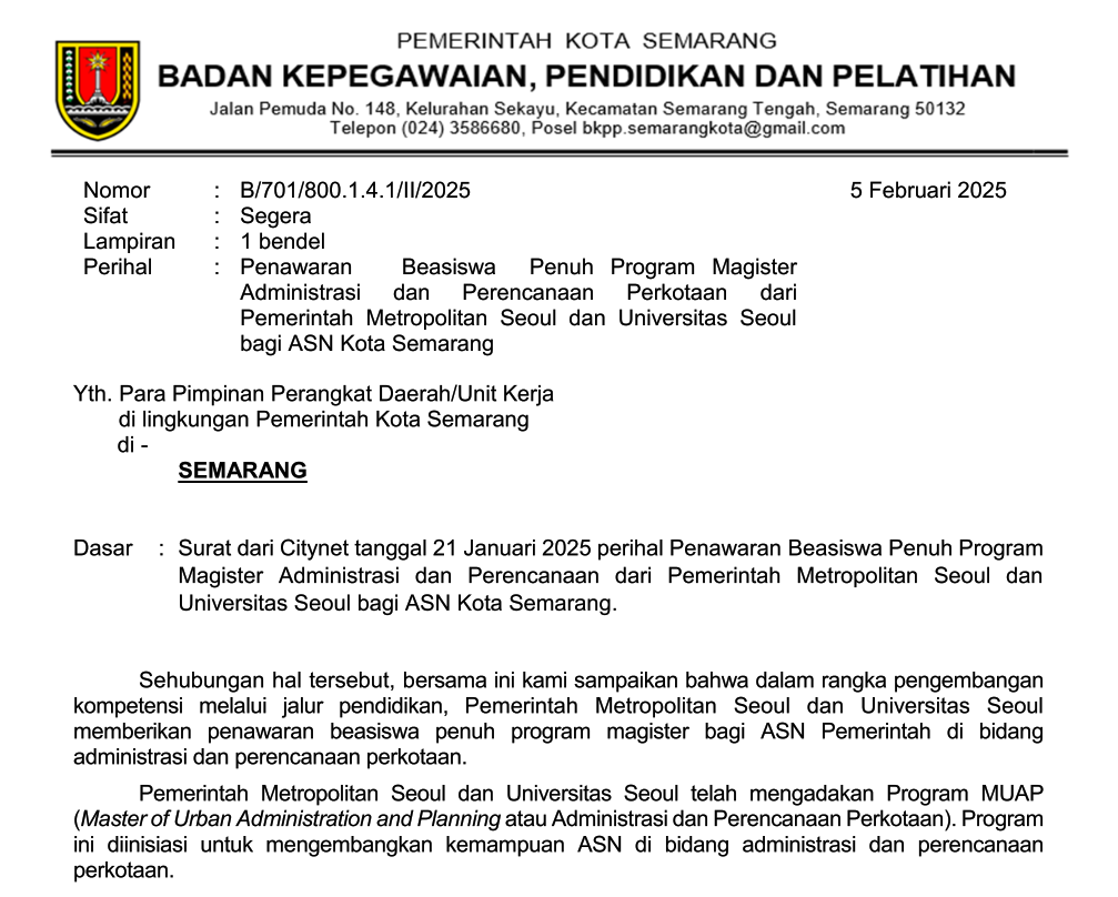 Pengumuman Penawaran Beasiswa Penuh Program Magister Administrasi dan Perencanaan Perkotaan dari Pemerintah Metropolitan Seoul dan Universitas Seoul bagi ASN Kota Semarang