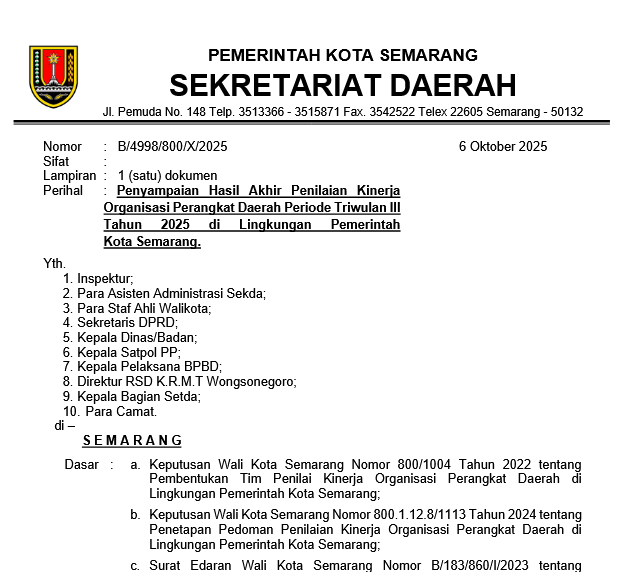 Penyampaian Hasil Akhir Penilaian Kinerja Organiasi Perangkat Daerah Periode Triwulan III Tahun 2025 di Lingkungan Pemerintah Kota Semarang